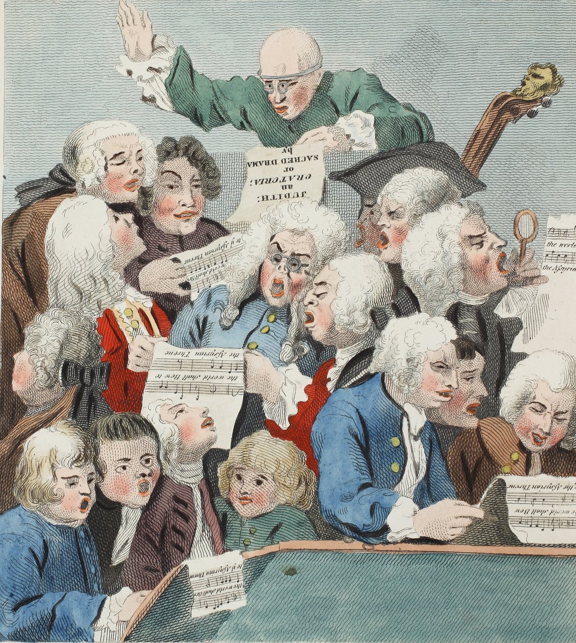 The Chorus or Rehearsal of the Oratorio of Judith, illustration fra "Hogarth Restored: The Whole Works of the celebrated William Hogarth, re-engraved by Thomas Cook", pub. 1812 (håndkoloreret gravering) af William Hogarth