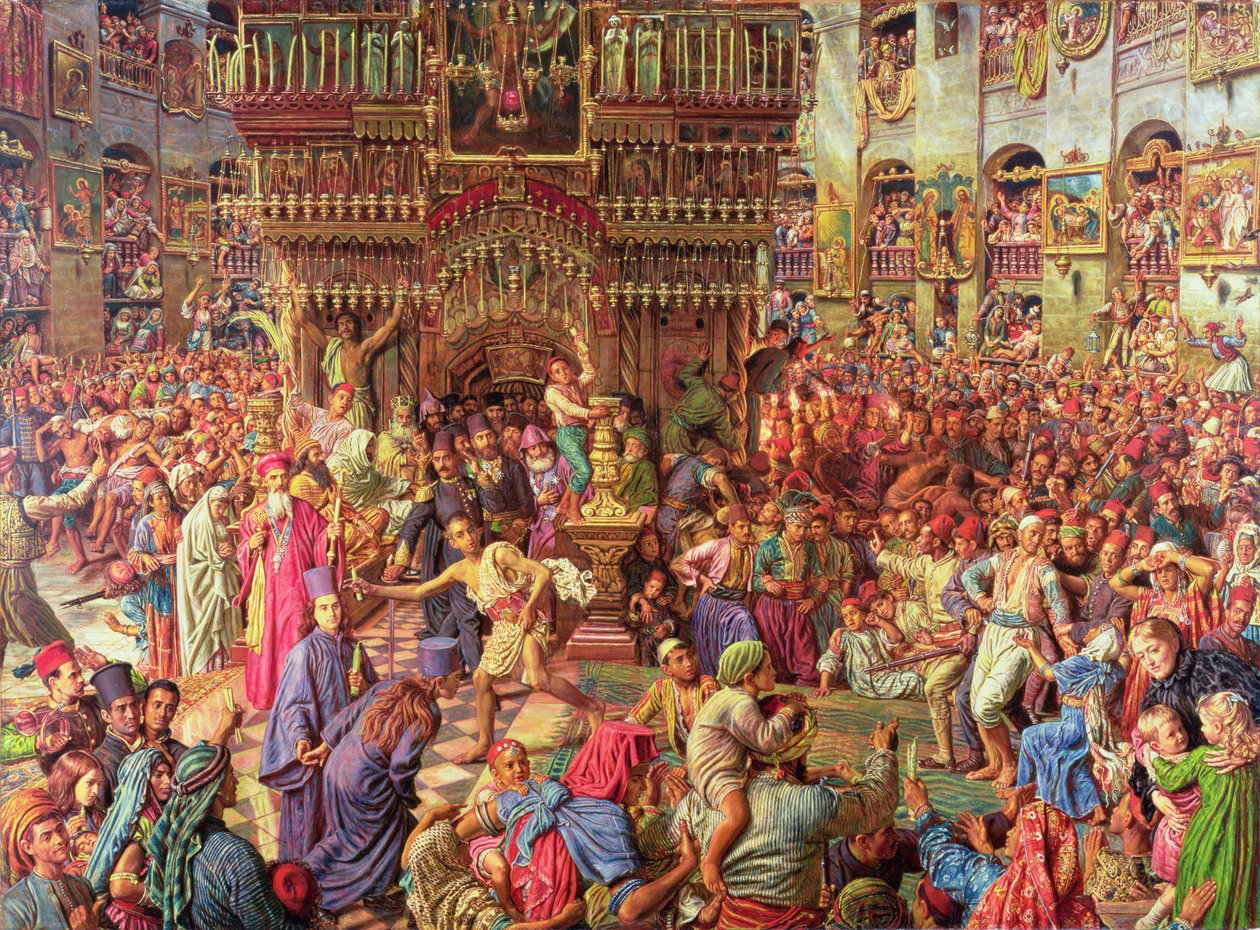The Miracle of the Sacred Fire, Den Hellige Gravs Kirke i Jerusalem, 1892-99 (olie og harpiks på lærred) af William Holman Hunt
