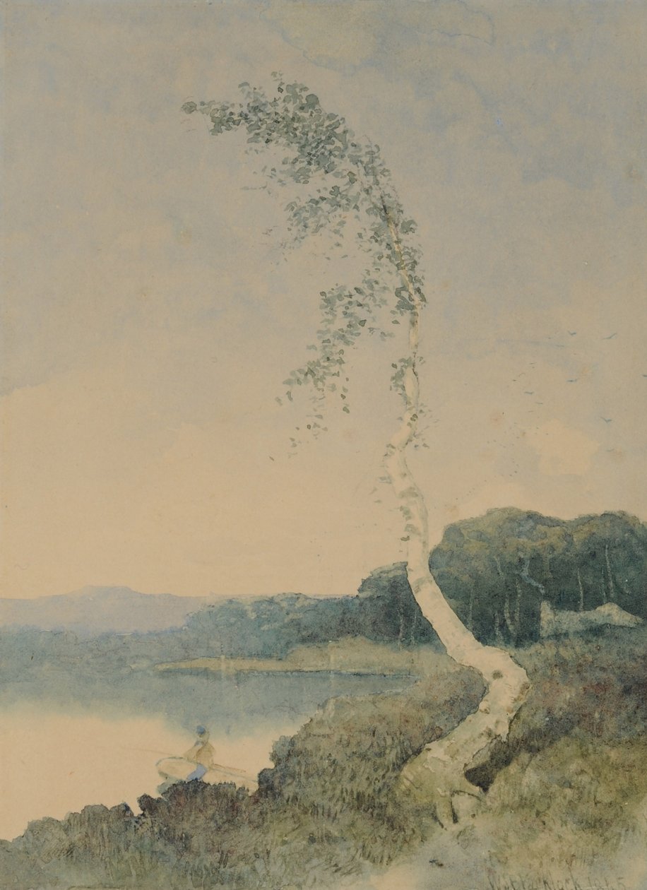 Sølvbirk ved en sø, 1845 (wc på papir) af William James Blacklock