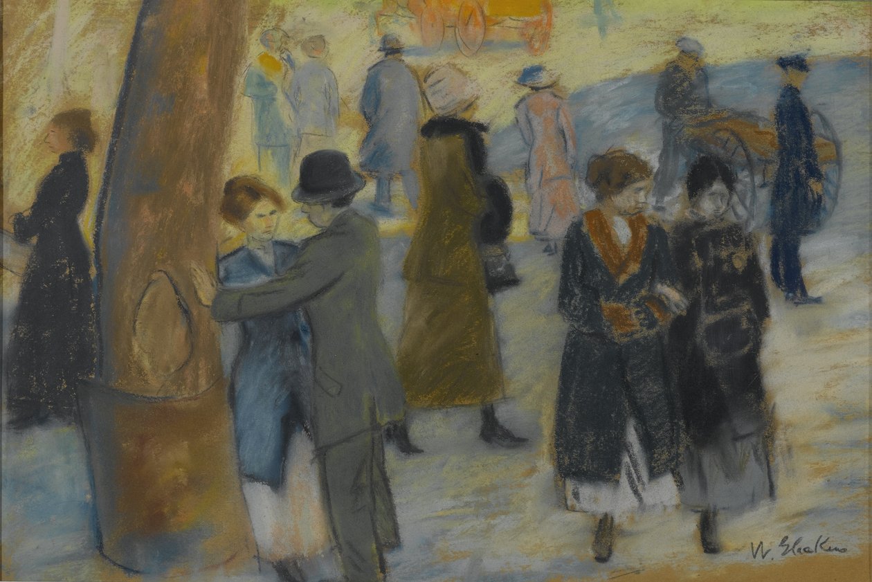 City Scene, ca. 1910 (pastel på bagsiden af et tapetfragment) af William James Glackens