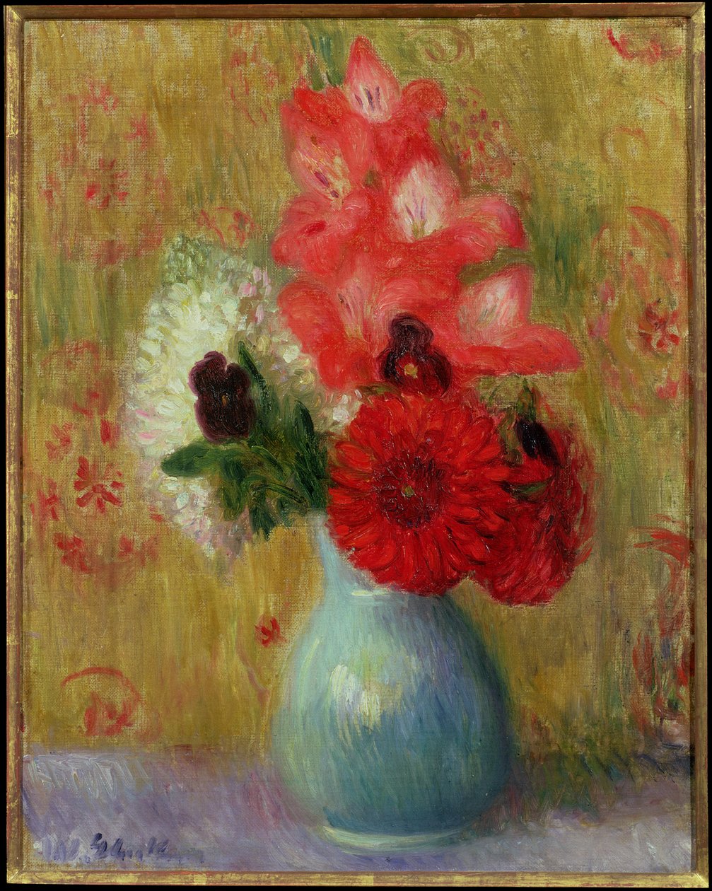 Blomsterarrangement i grøn vase af William James Glackens