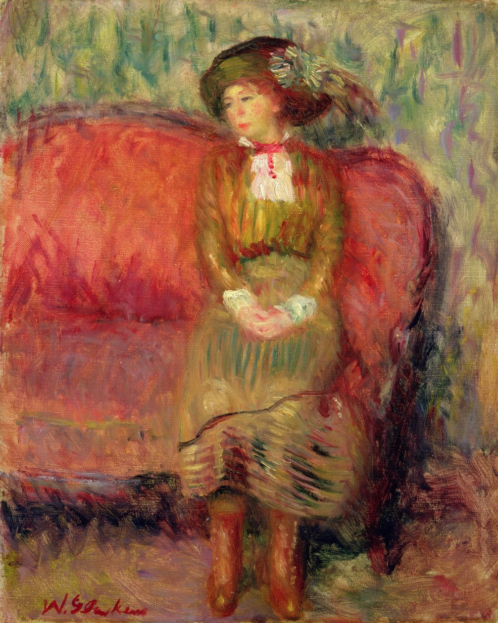 Pige sidder på en rød sofa af William James Glackens