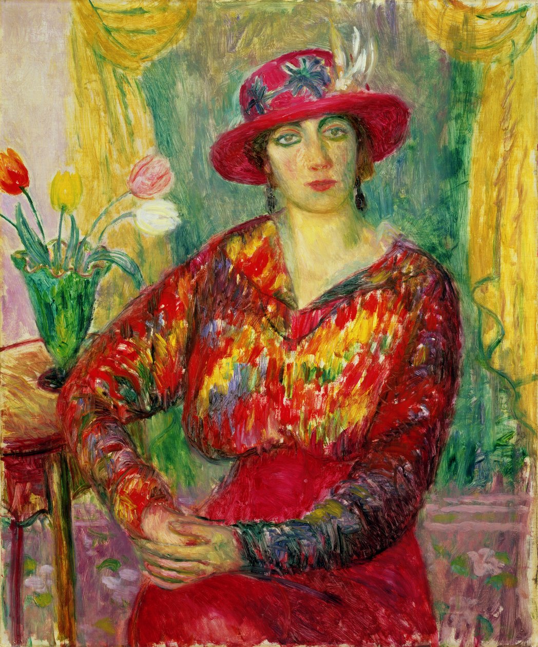 Pige i rød kjole og hat af William James Glackens