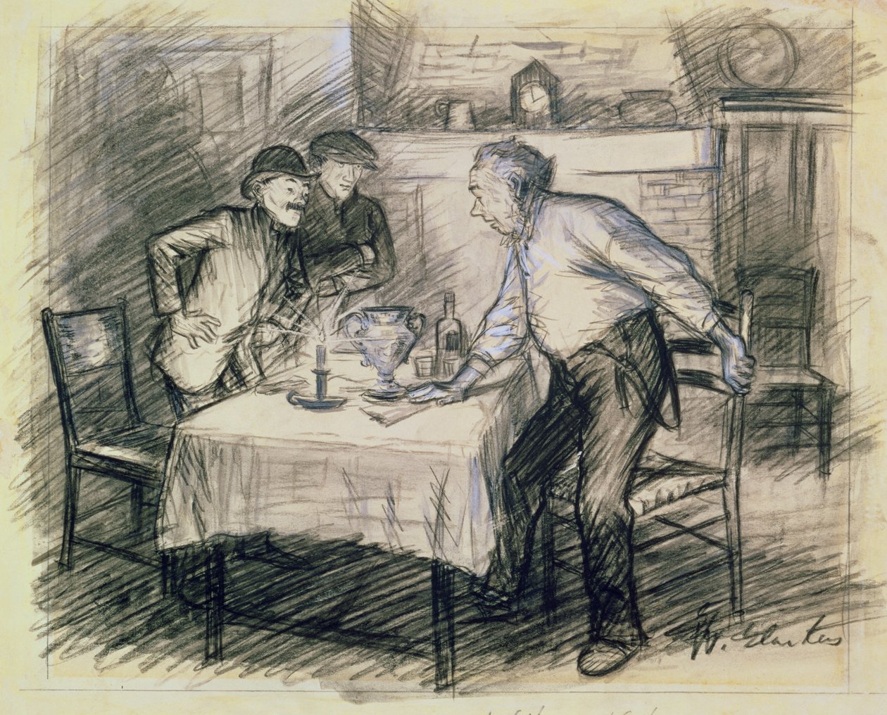 Interiør med tre mænd, der rejser sig fra et bord (blyant og vask på papir) af William James Glackens