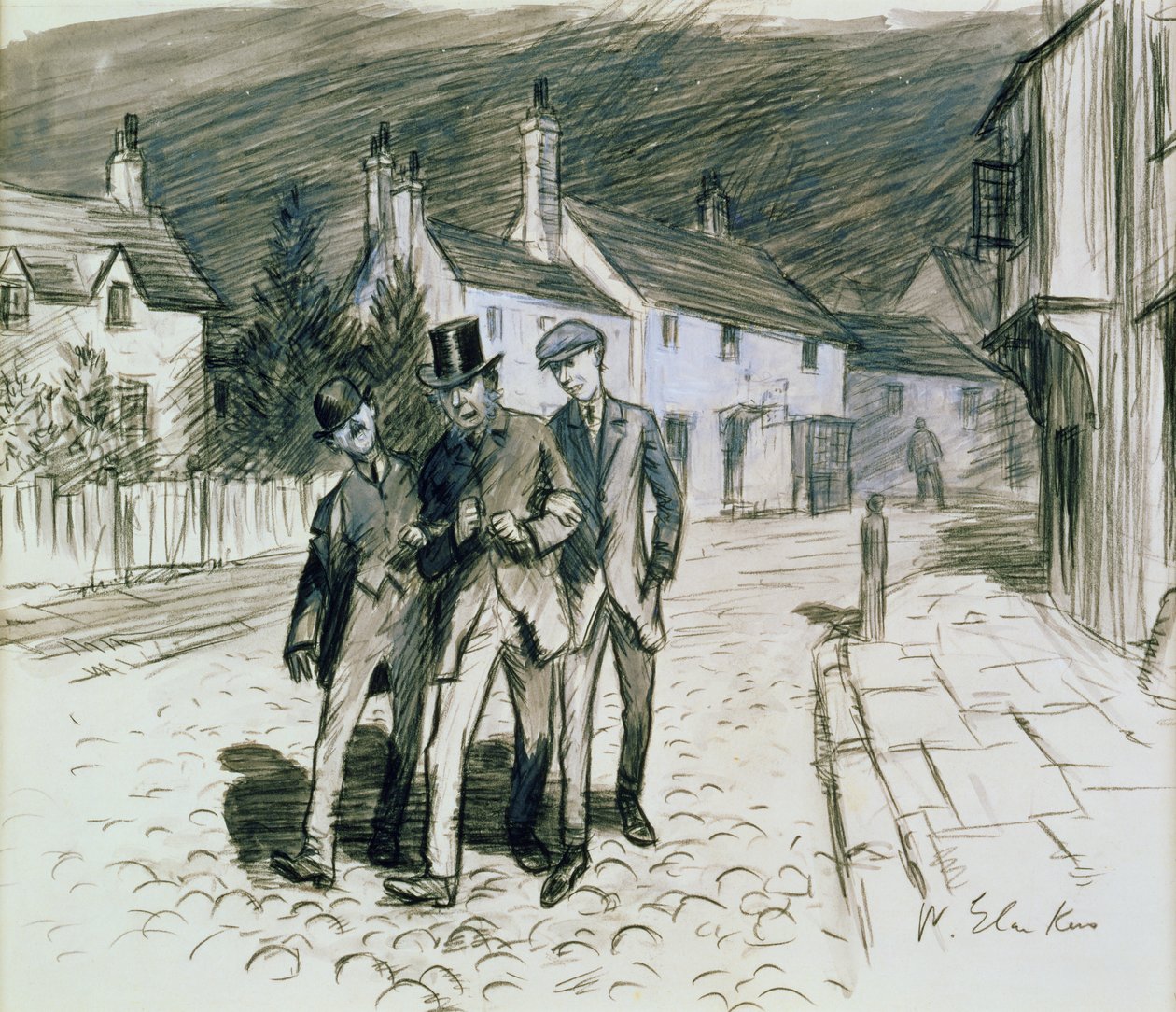 Gadescene med tre berusede (blyant og vask på papir) af William James Glackens