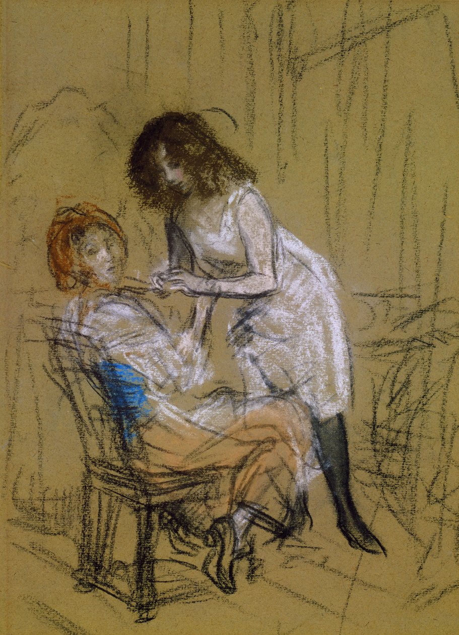 To kvinder i et soveværelse (kul og kridt på papir) af William James Glackens