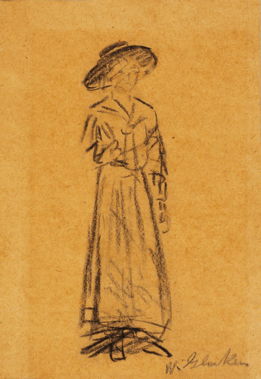 Kvinde med bredskygget hat (sort kridt på papir) af William James Glackens