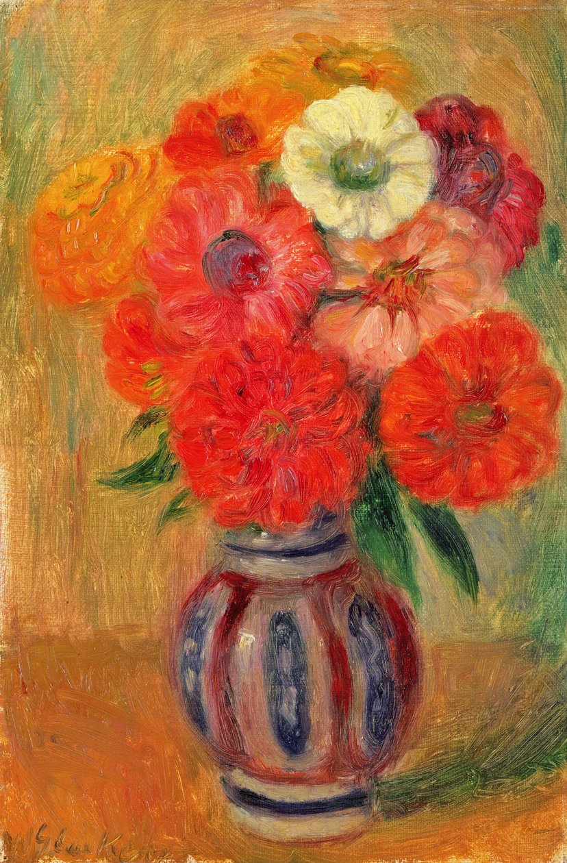 Zinnias i en stribet blå vase af William James Glackens