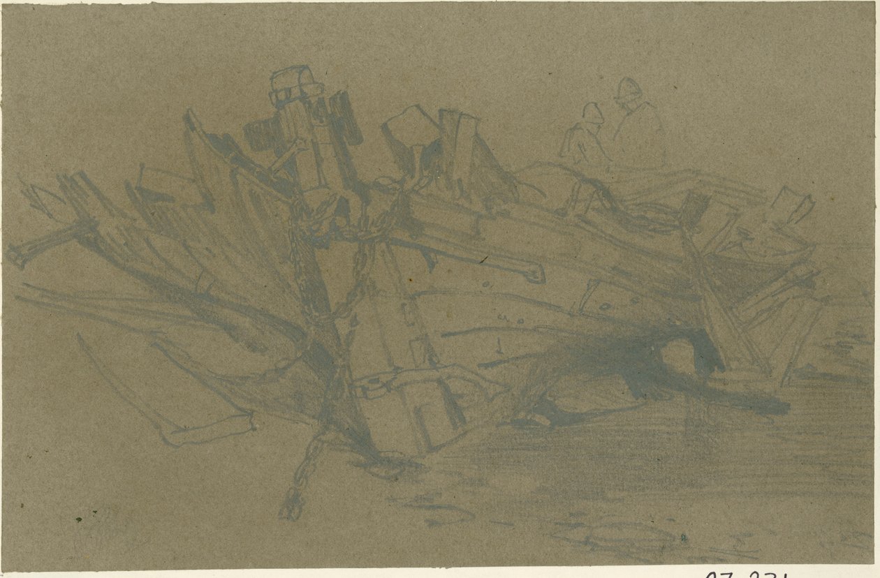 En beskadiget båd (blyant på papir (brunt og klistret om bord)) af William James Muller