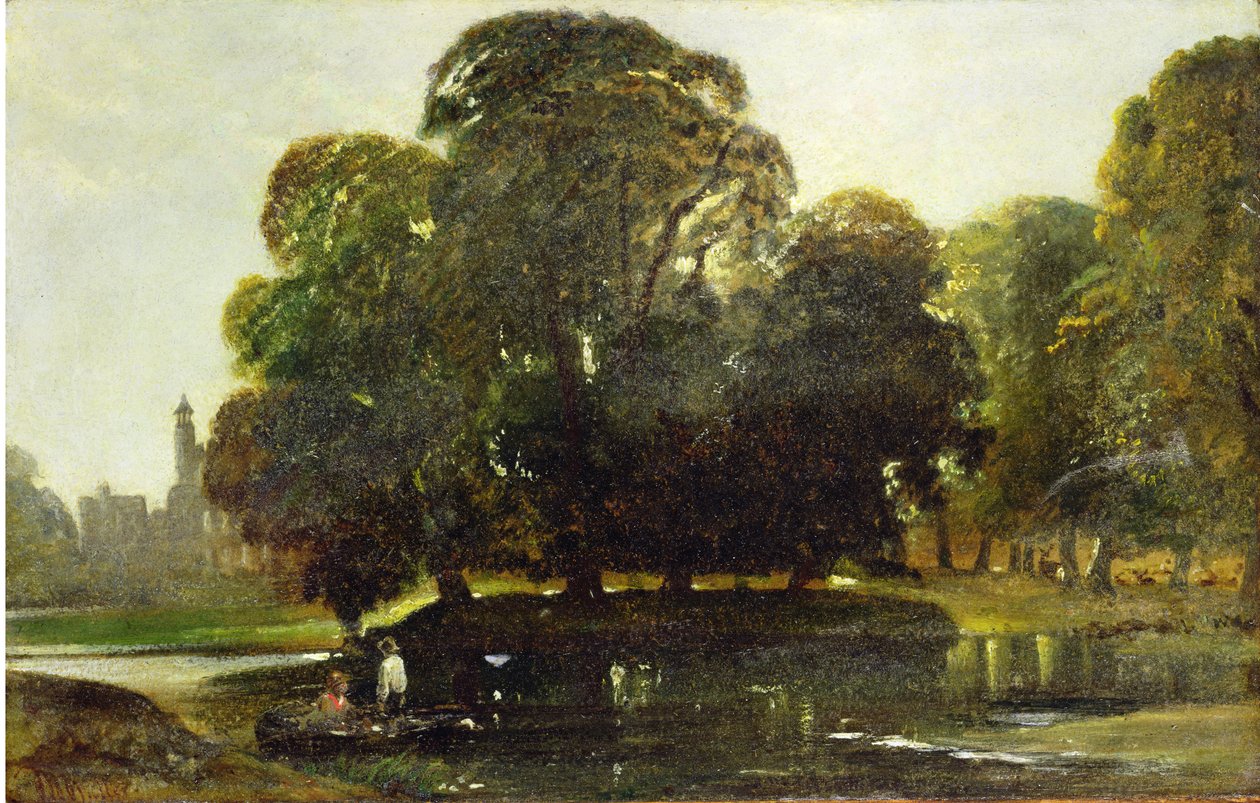 En udsigt over Eton og Fellows Eyot, ca.1835-45 (olie på papir på panel) af William James Muller