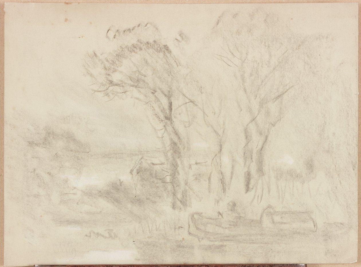 Landskab med båd og figurer (pastel og blyant på papir (buff)) af William James Muller