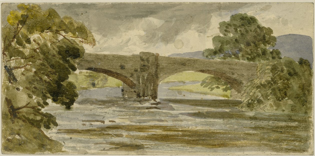 Landskab med bro og træer (akvarel på papir (klistret på kort)) af William James Muller