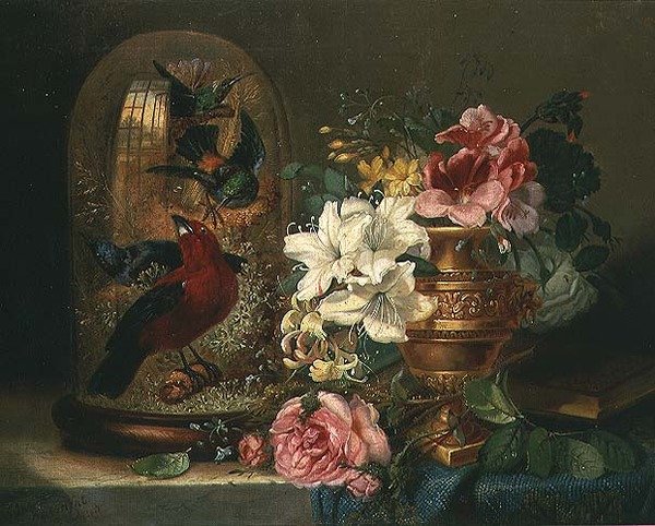 Stilleben med blomster og fugle af John Wainwright