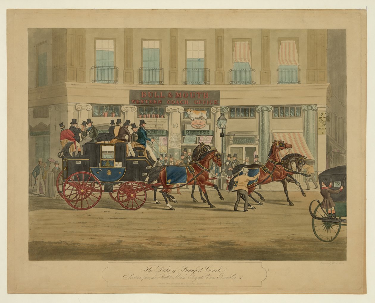 The Duke of Beaufort Coach, startende fra Bull & Mouth, Regents Circus, Piccadilly, pub. 1841 (håndfarvet akvatinte) af William Joseph Shayer