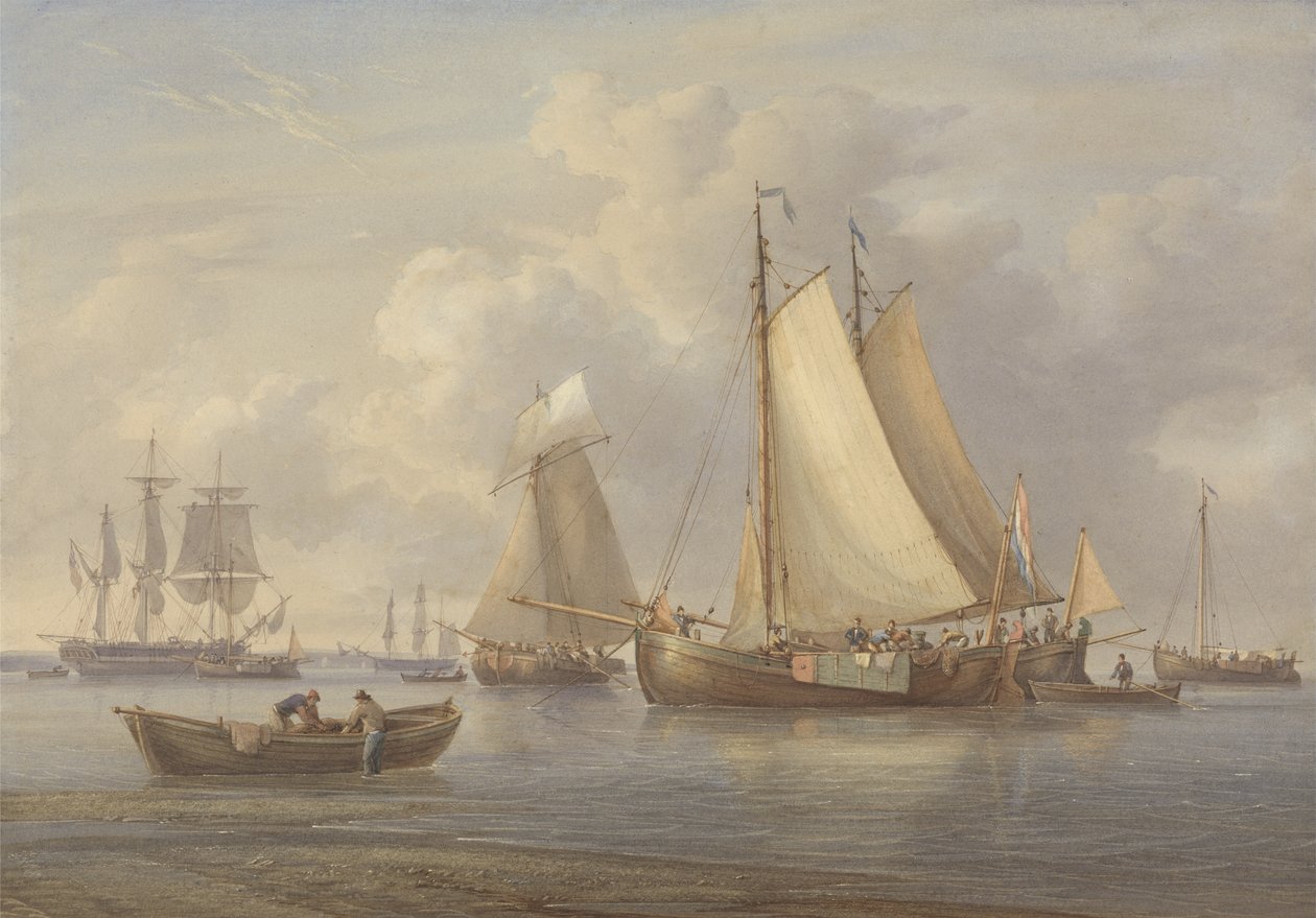 Hollandske fiskerbåde for anker i en flodmunding, ca. 1850-60 (wc med skrab og tyggegummi på papir) af William Joy