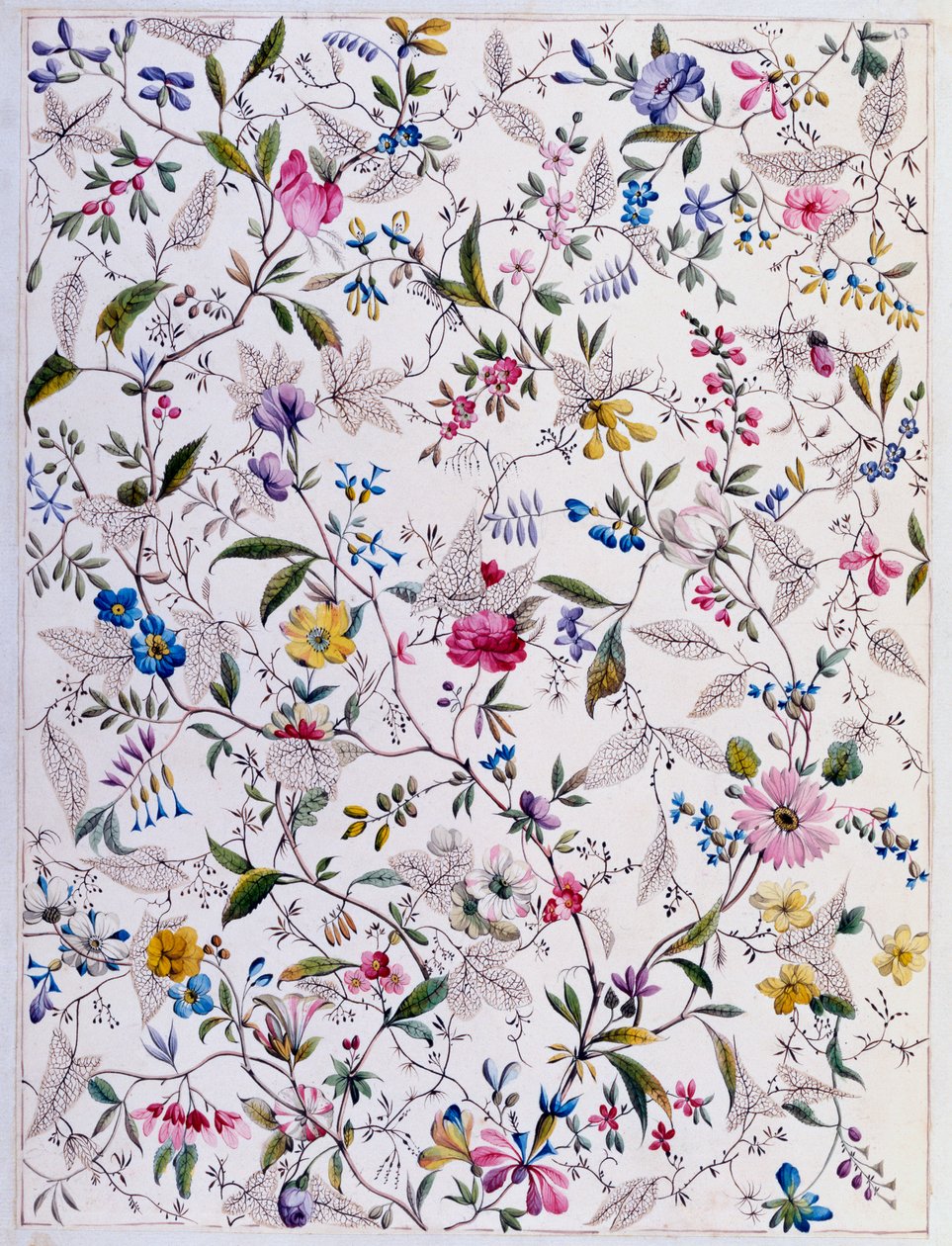 Tekstildesign, ca. 1788-92 (wc på papir) af William Kilburn