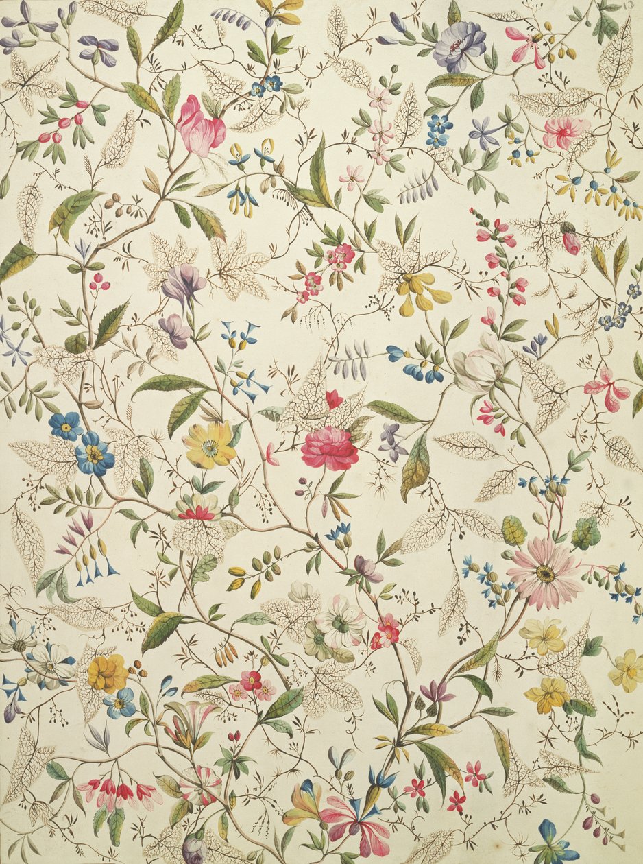 Vilde blomster design til silkemateriale, ca. 1790 af William Kilburn