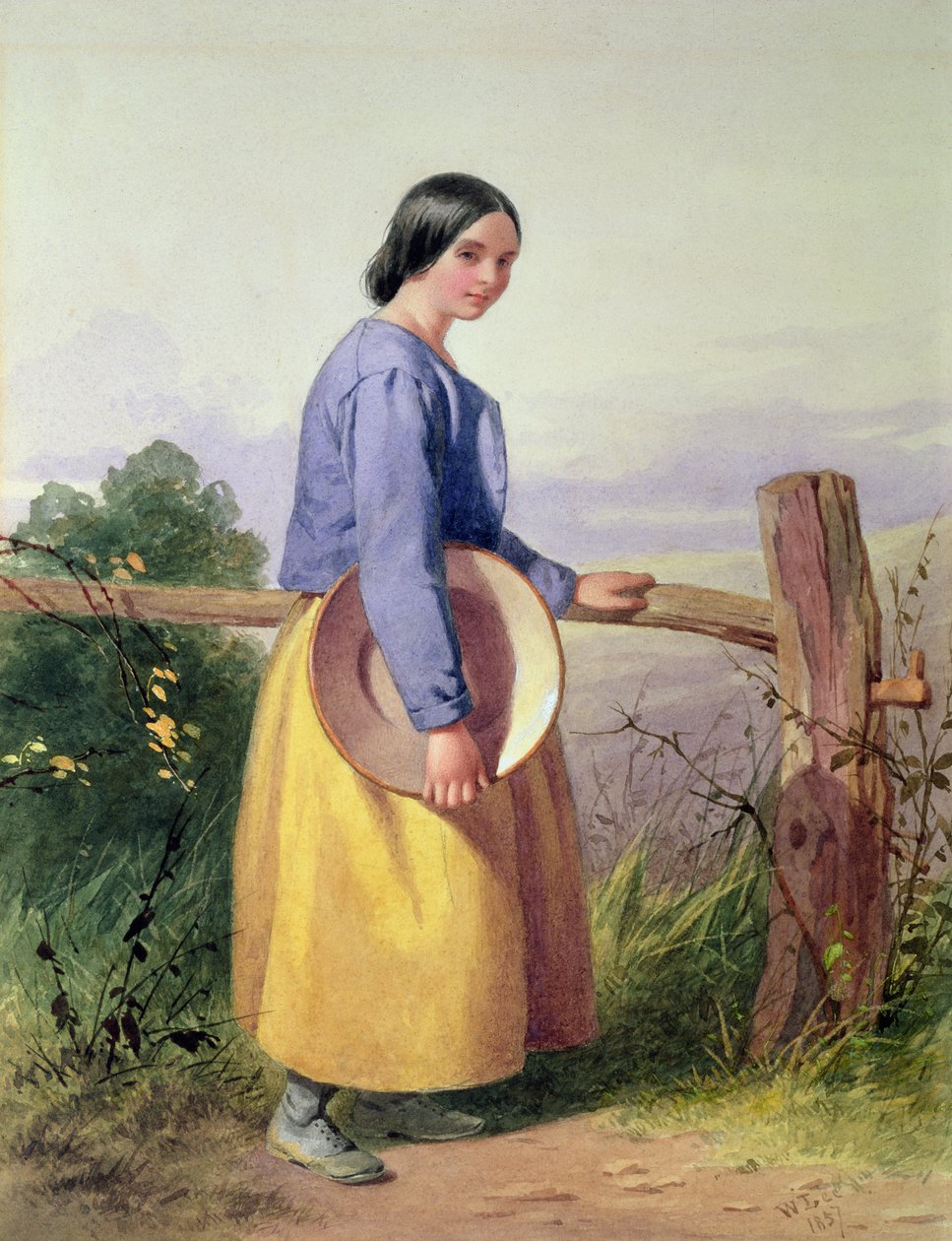 En landpige, der står ved et hegn af William Lee