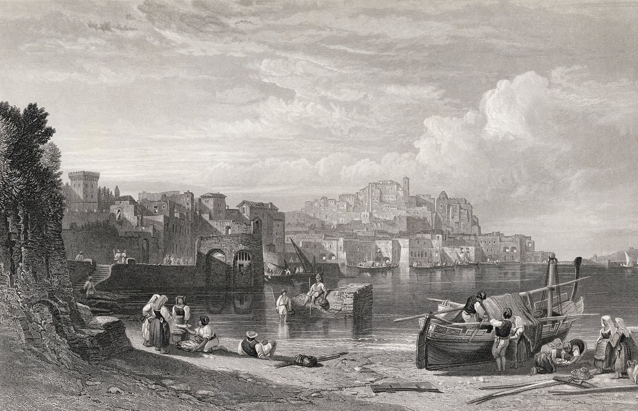 Pozzuoli, den gamle by Puteoli, graveret af William Richardson (1842-77) fra "The Imperial Bible Dictionary", udgivet af Blackie und Son, ca. 1880