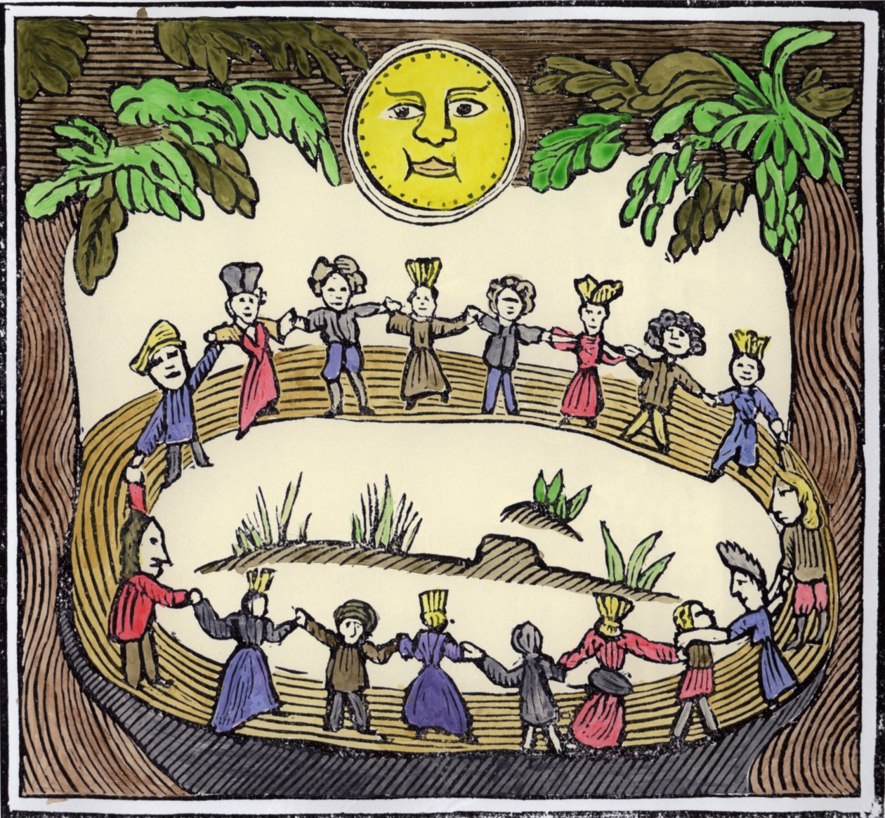 Circle of Witches danser under en fuldmåne, illustration fra en samling kapbøger om esoterica (senere farvelægning) af William Linnell