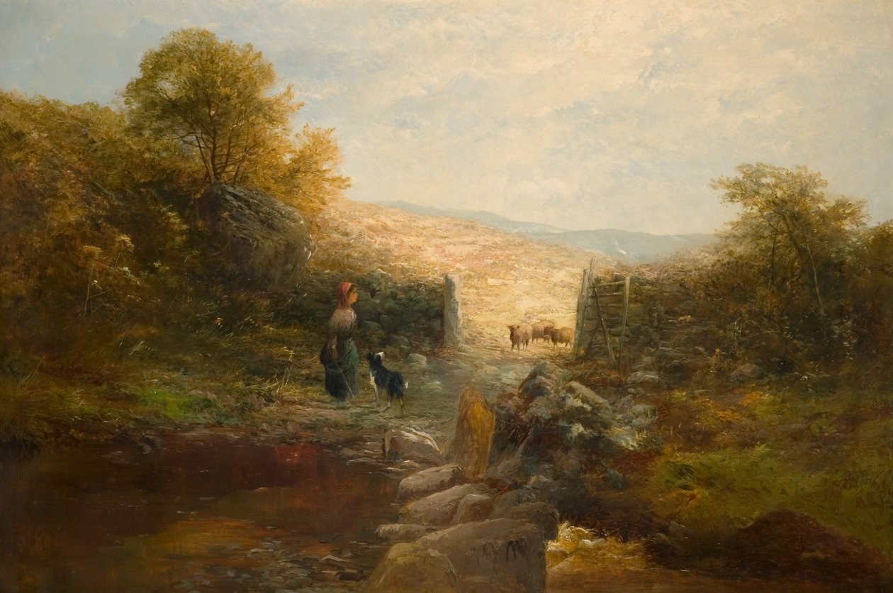 Hyrdin med får af William Linnell