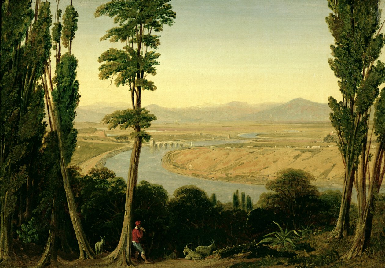Udsigt over Tiberen og den romerske kampagne fra Monte Mario, 1829 (olie på papir lagt på lærred) af William Linton