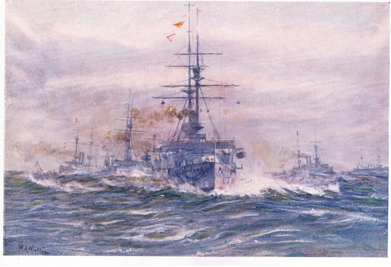 Slagskibe fra den hvide æra til søs, 1915 af William Lionel Wyllie