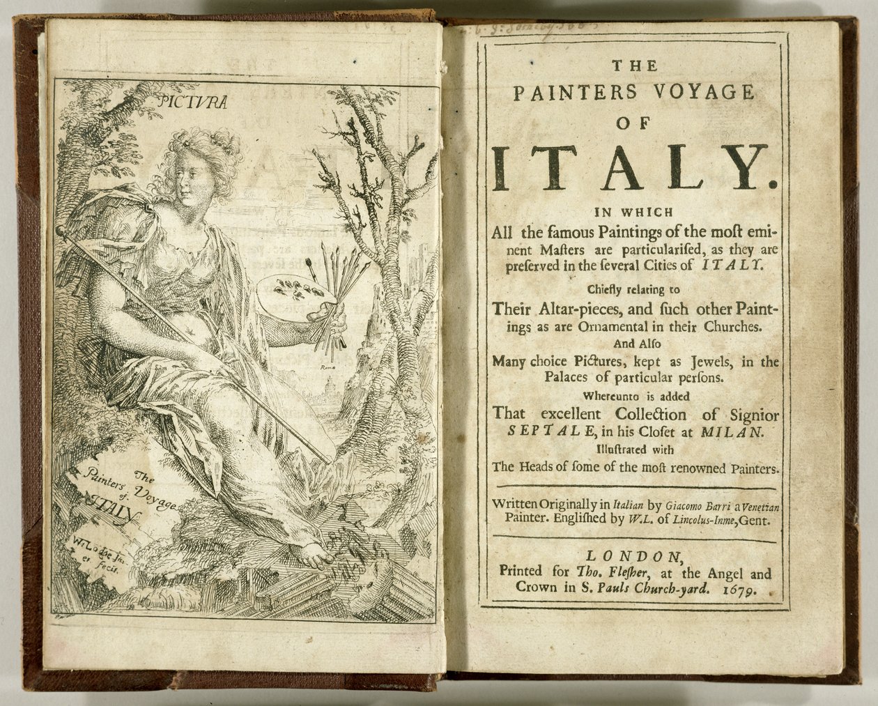 Titelblad fra Giacomo Barris malerejse i Italien... af Giacomo Barri, 1679 af William Lodge