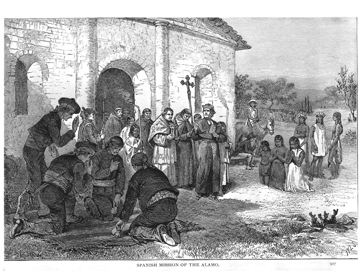 Den spanske mission i Alamo, fra "The Romance of Tragedy of Pioneer Life", af Augustus L. Mason, 1883 af William Ludlow Sheppard