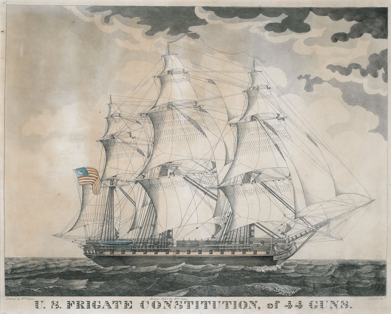 U.S.S. Fregat Constitution, of 44 Guns, graveret af Abel Bowen (f.1790) c.1812 (håndfarvet gravering og akvatinte) af William Lynn