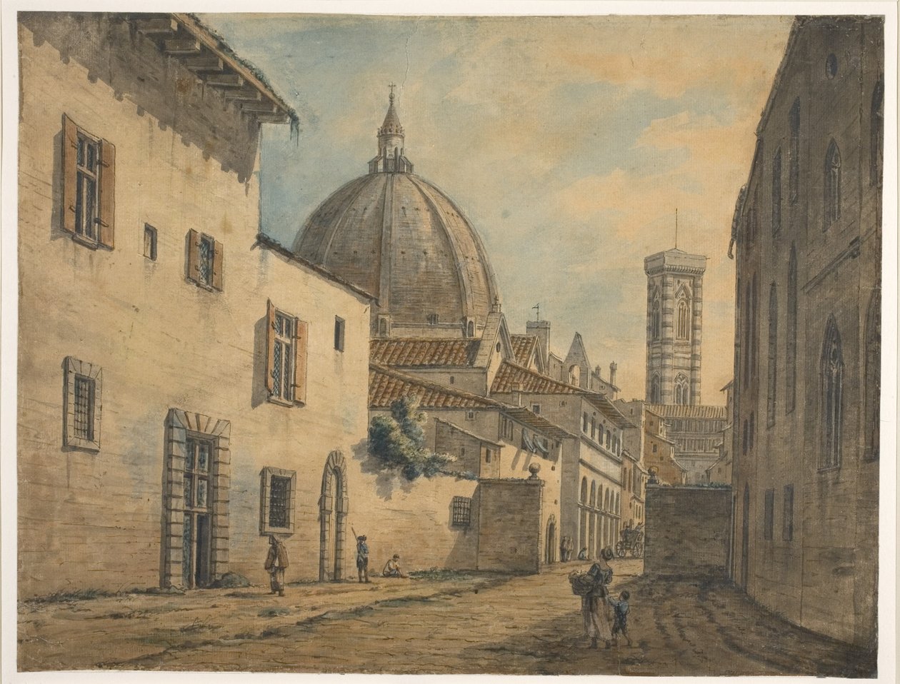 En gade i Firenze med Duomo og Campanile i baggrunden (wc med pen og blæk over grafit på papir) af William Marlow