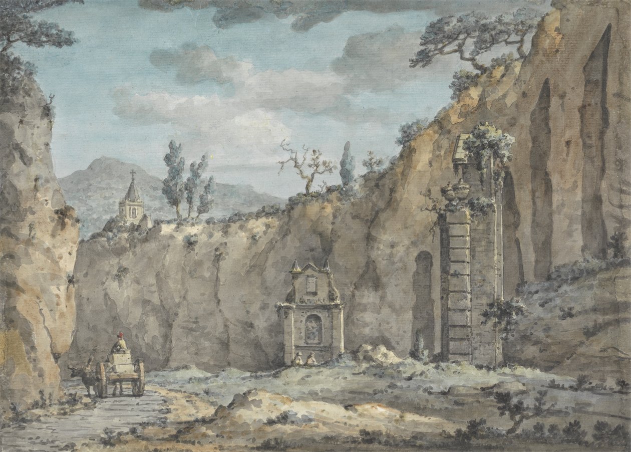 Oksevogn i grotten ved Posillipo, ca. 1770 (wc over grafit på papir) af William Marlow