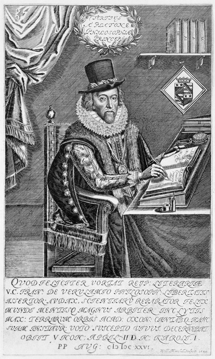 Portræt af Francis Bacon (1561-1626) Viscount of St. Albans skriver ved sit skrivebord, 1640 af William Marshall