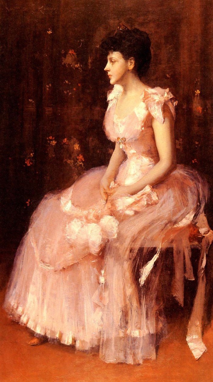 Portræt af en dame i pink af William Merritt Chase