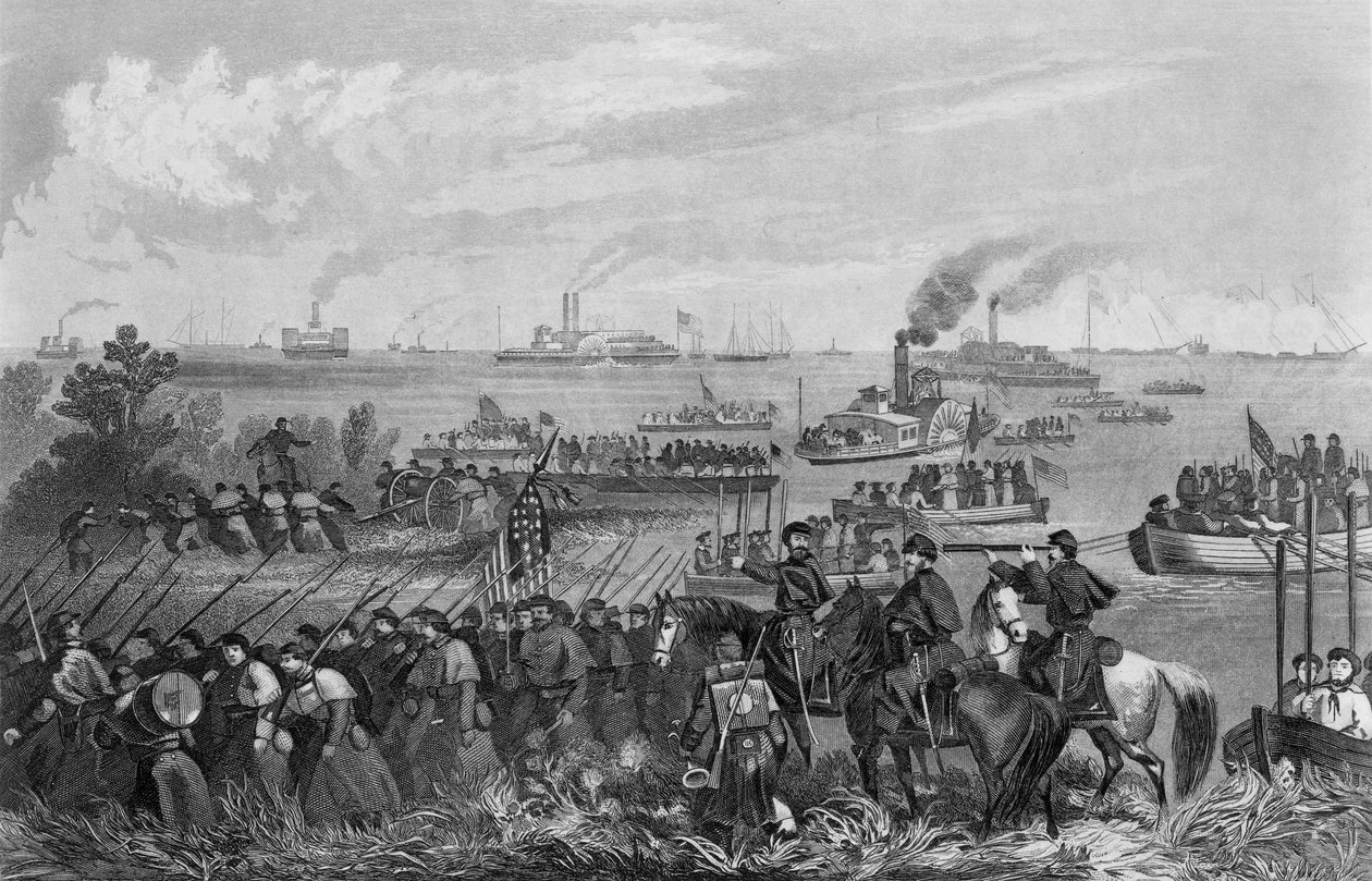 Landgang af tropper på Roanoke Island, Burnside-ekspeditionen, 8. februar 1862, graveret af George E. Perine af William Momberger