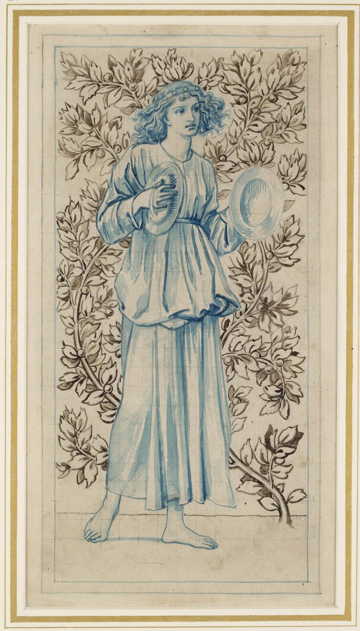 En kvinde, der spiller bækkener (pen med blåt og brunt blæk og akvarel på misfarvet blegfarvet papir) af William Morris