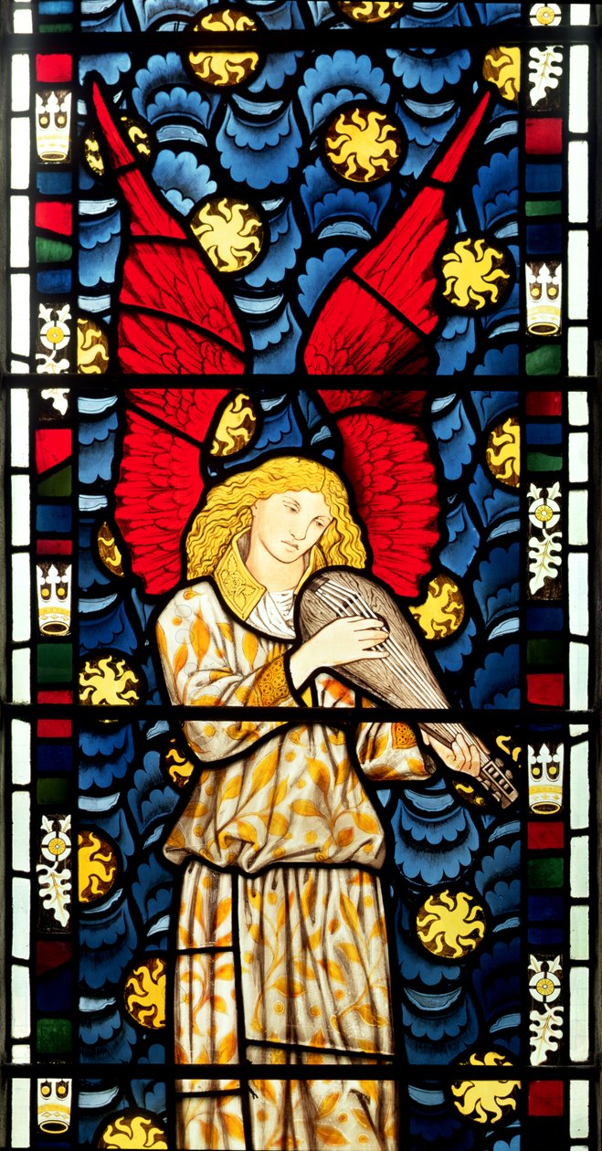 Engel, der spiller lut, detalje fra det nederste midtpunkt af englene i vinduet, 1869 (glasmaleri) (se også 120165) af William Morris