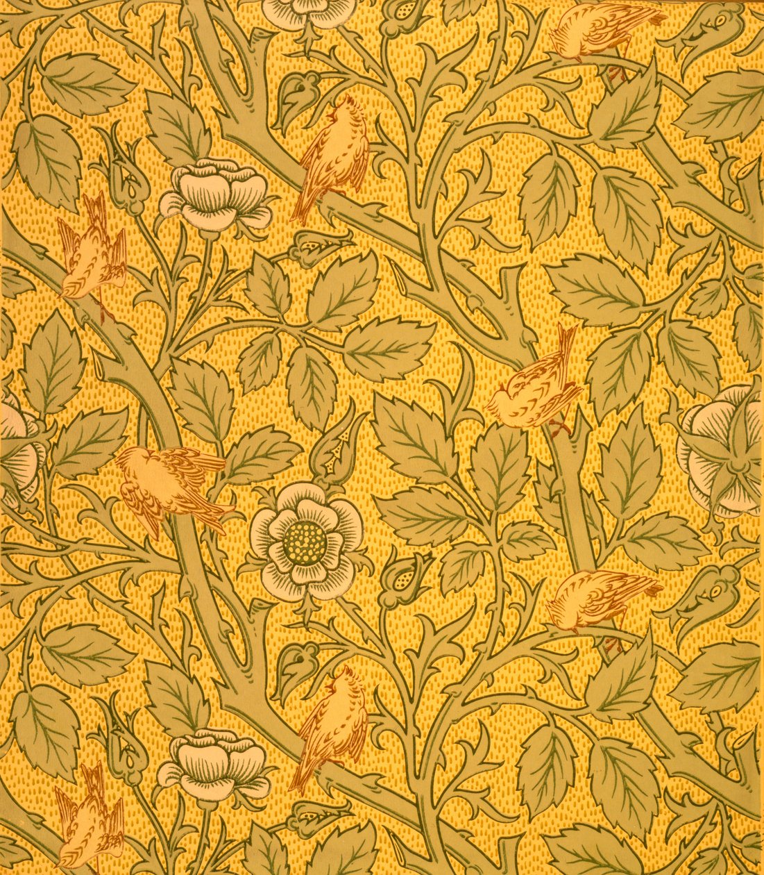 Fugletapetdesign (træblok i farver på papir) af William Morris