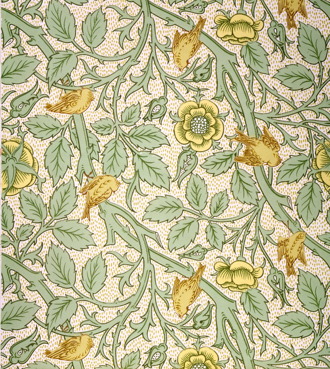 Fugletapetdesign (træblok i farver på papir) af William Morris