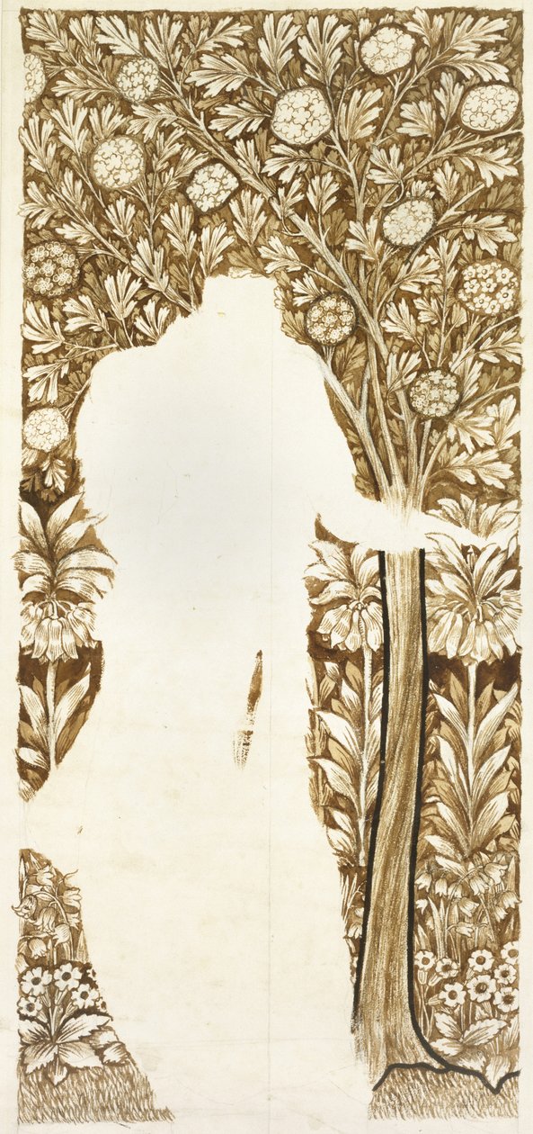 Design til en løvbaggrund (ufærdig) (grafit med brune vaske) af William Morris