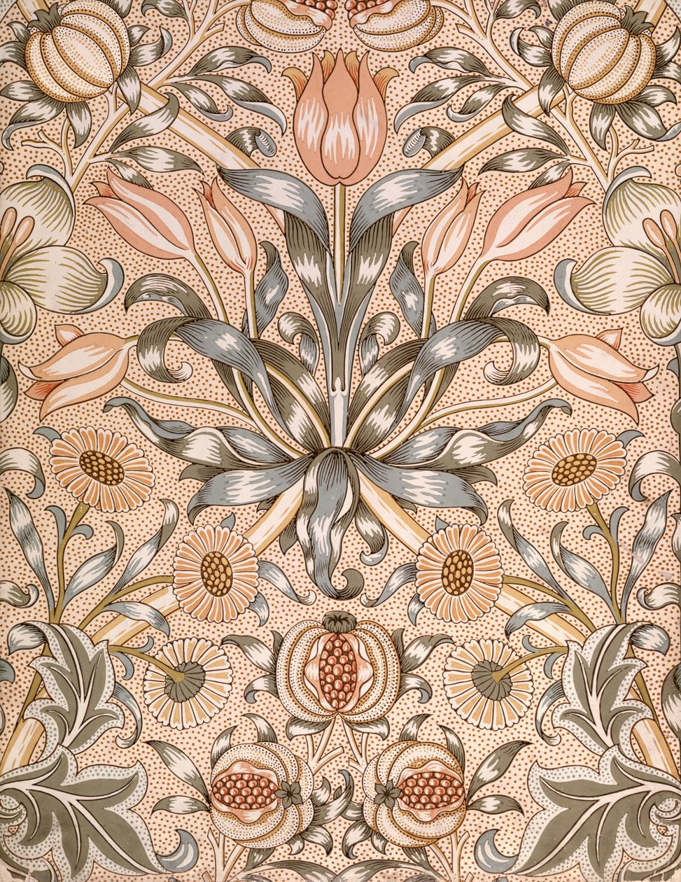 Lilje- og granatæble tapetdesign, 1886 (farvet træbloktryk på papir) af William Morris
