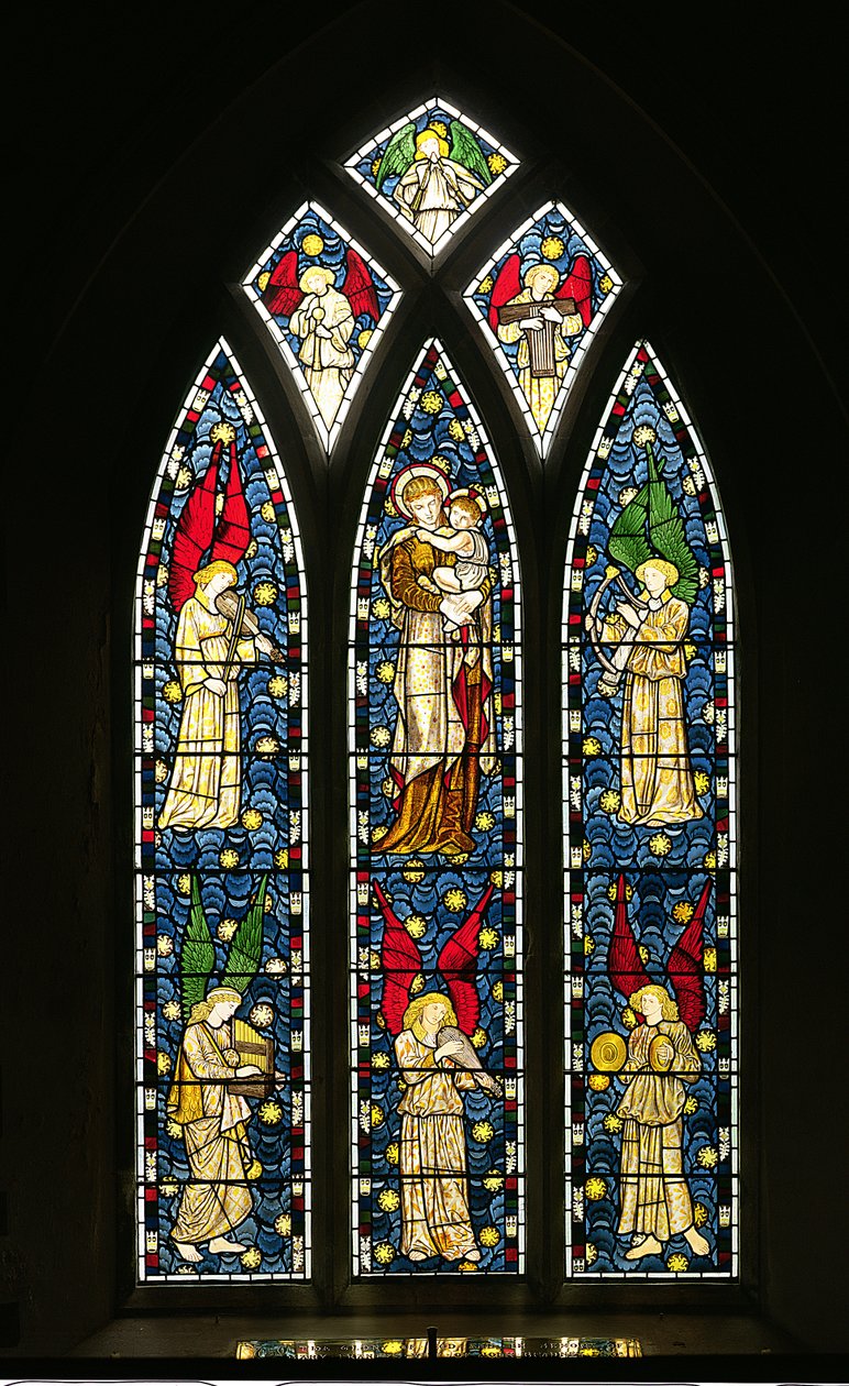 Madonna og barn med musikalske engle, 1869 (farvet glas) af William Morris