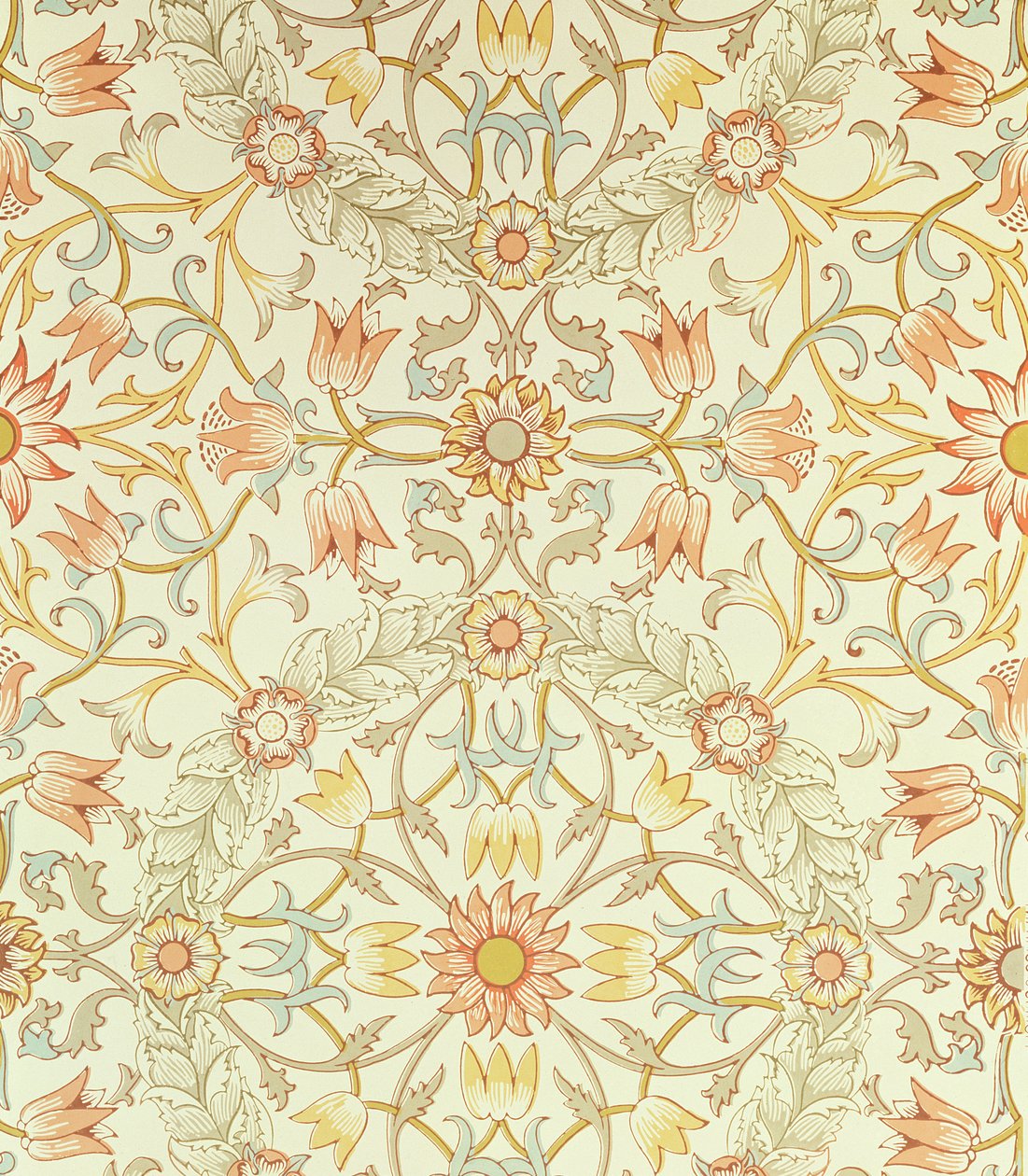 Tapet med et blomsterdesign af liljer omgivet af roser designet af William Morris (1834-96) af William Morris