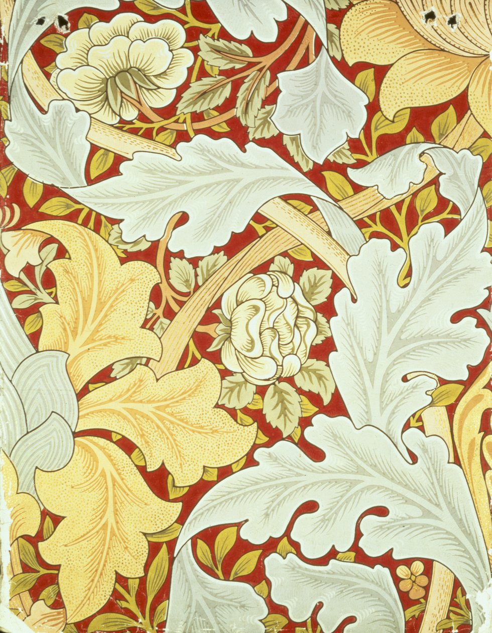 Tapet med akantusblade og vilde roser på en karmosinrød baggrund designet af William Morris (1834-96) af William Morris