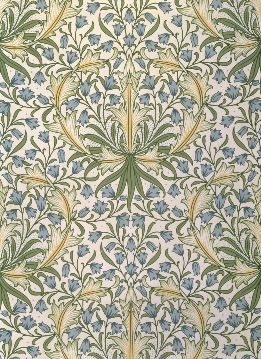 Tapet med små blå blomster i stort grønt løv designet af William Morris (1834-96) af William Morris