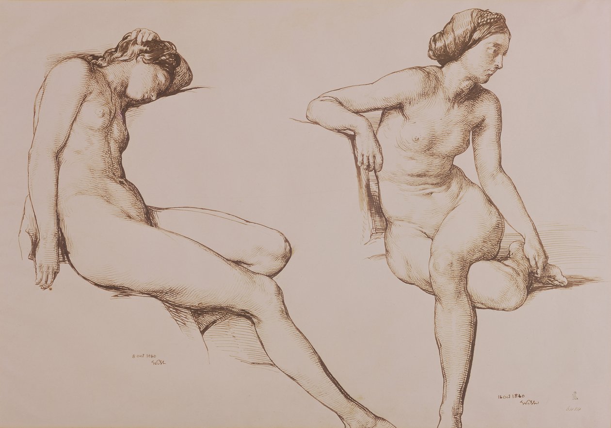 Sepia-tegning af nøgen kvinde, ca. 1860 af William Mulready