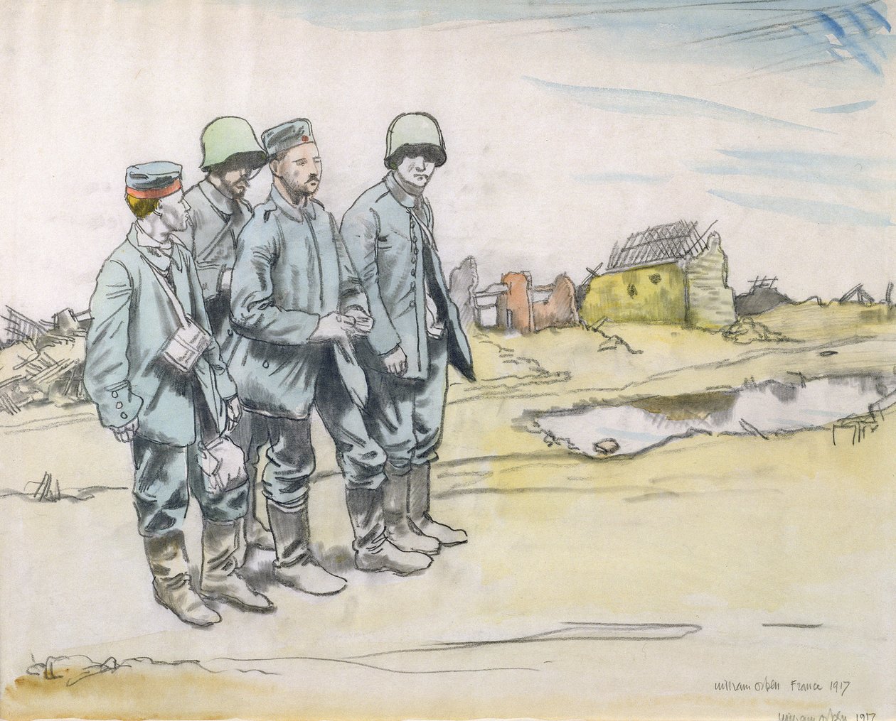 Fire tyske fanger ved en fransk landsby, 1917 (kul og wc på papir) af William Orpen
