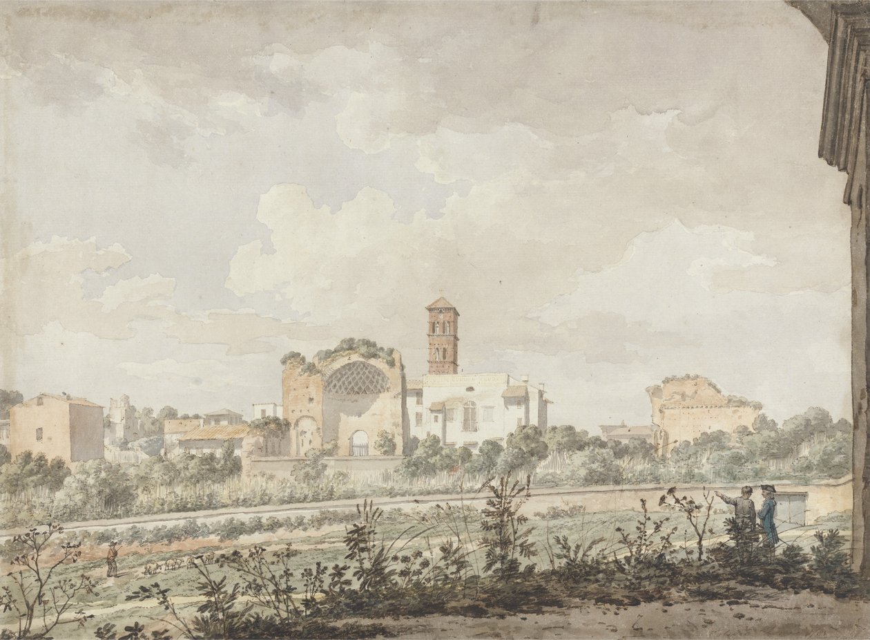 Venus og Roms tempel, Rom, 1781 (wc med pen og brunt blæk over blyant på papir) af William Pars
