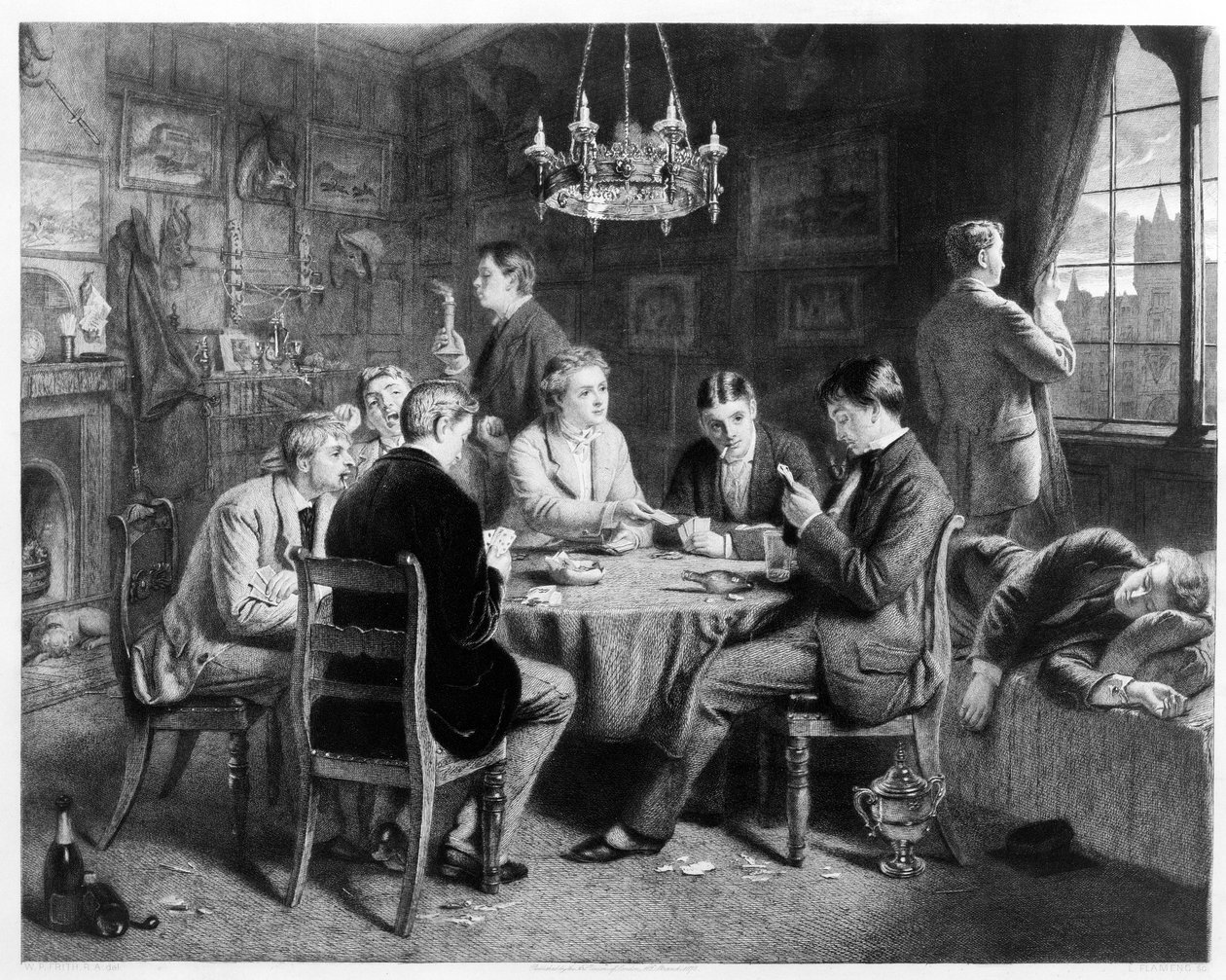 The Road to Ruin: College, indgraveret af Leopold Flameng (1831-1911) pub. af The Art Union of London, 1882 af William Powell Frith