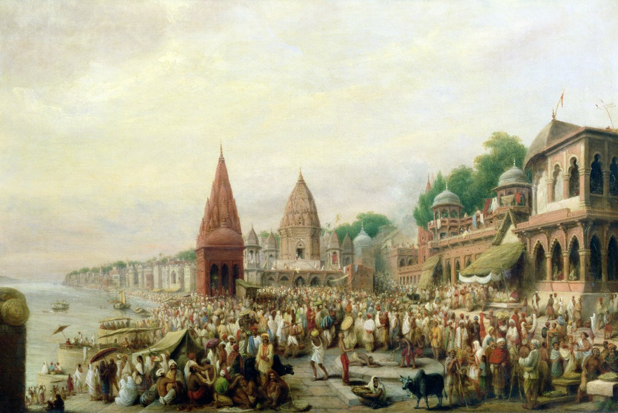 Udsigt over Dasaswamedh Ghat, Benares, under Dussehra-festivalen af William Prinsep